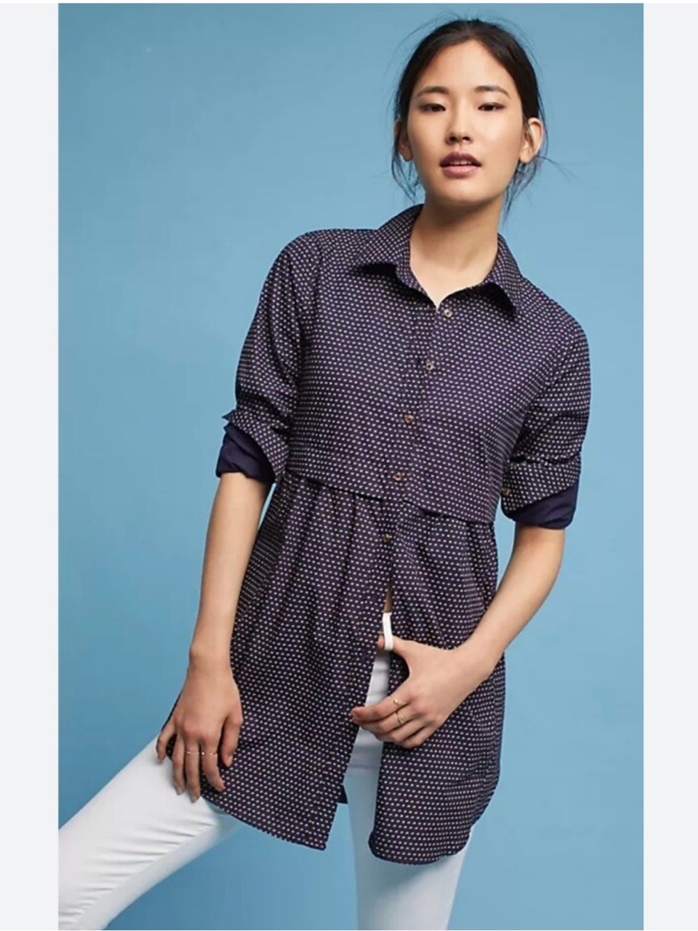 Anthropologie Maeve Tunic Top Womens Small Navy Blue Polka Dot Oversized Cotton